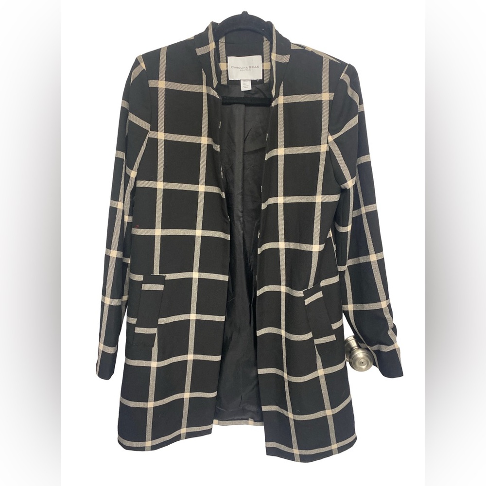 Carolina Belle Montreal Black & White Windowpane Plaid Longline Blazer Coat S - Picture 2 of 5